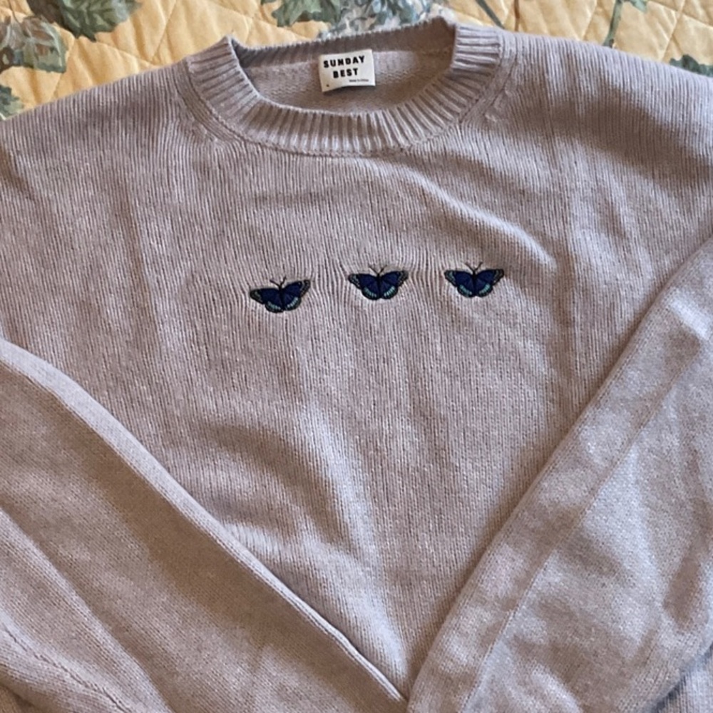 Aritzia Sunday Best Light Gray Sweater with Butterfly Embroidery
